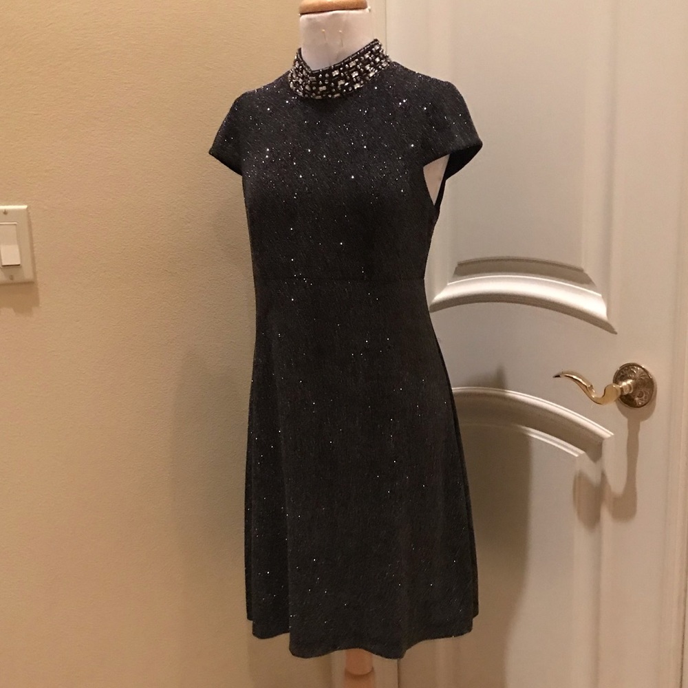 Jessica Howard black, silver speck knit jersey dress with jeweled neck